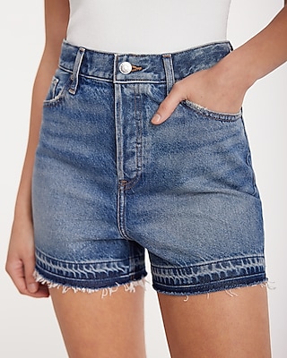 Super High Waisted Drop Hem Jean Shorts