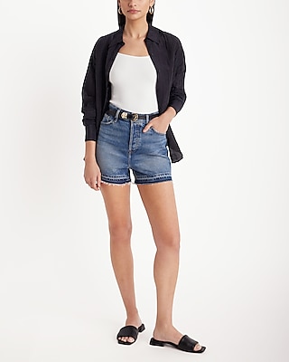 Super High Waisted Drop Hem Jean Shorts