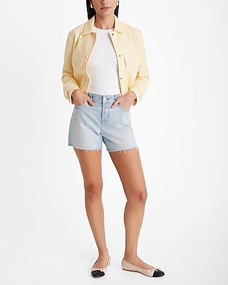 Mid Rise Light Wash Raw Hem Midi Jean Shorts