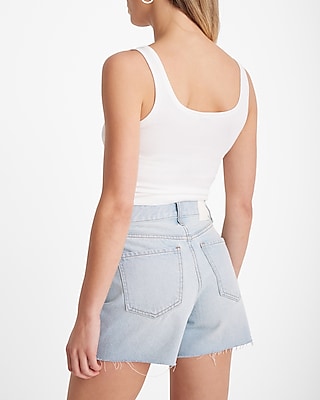 Mid Rise Light Wash Raw Hem Midi Jean Shorts