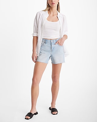 Mid Rise Light Wash Raw Hem Midi Jean Shorts