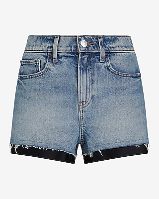 High Waisted Medium Wash Satin Trim Jean Shorts