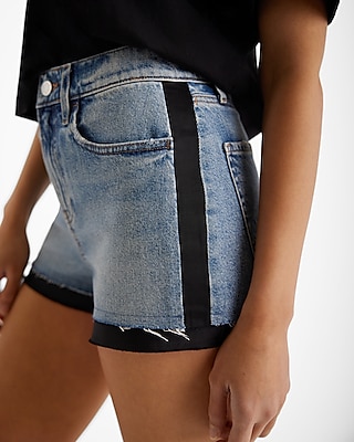 High Waisted Medium Wash Satin Trim Jean Shorts