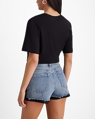 High Waisted Medium Wash Satin Trim Jean Shorts