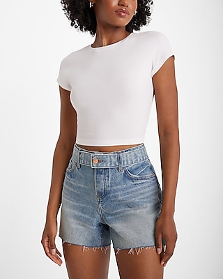 Mid Rise Raw Hem Faux Belt Jean Shorts