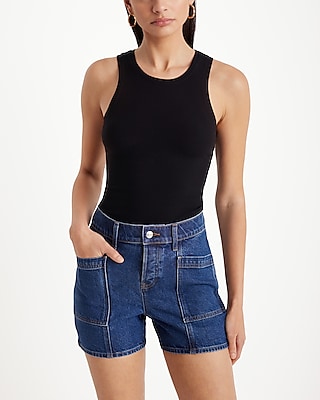 Mid Rise Patch Pocket Midi Jean Shorts