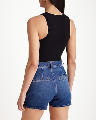 Mid Rise Patch Pocket Midi Jean Shorts