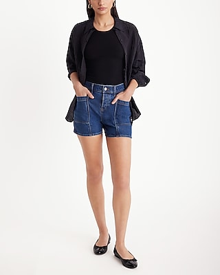 Mid Rise Patch Pocket Midi Jean Shorts