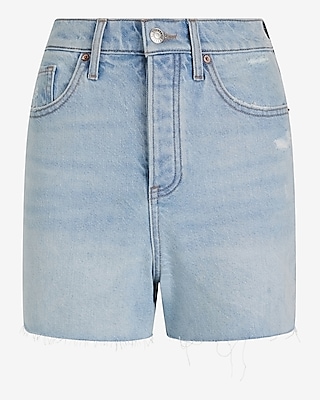 Super High Waisted Light Wash Raw Hem Jean Shorts