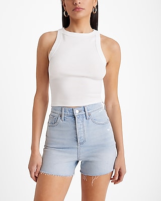 Super High Waisted Light Wash Raw Hem Jean Shorts