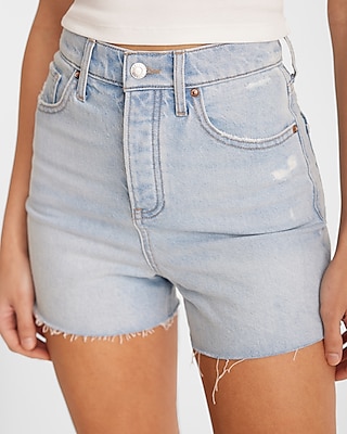 Super High Waisted Light Wash Raw Hem Jean Shorts