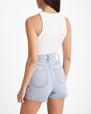 Super High Waisted Light Wash Raw Hem Jean Shorts