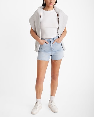 Super High Waisted Light Wash Raw Hem Jean Shorts