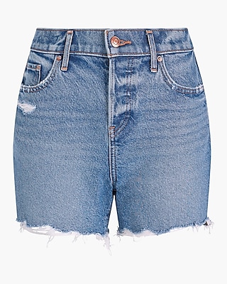 Mid Rise Medium Wash Raw Hem Distressed Jean Shorts