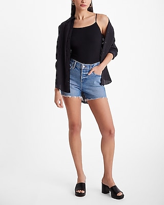 Mid Rise Medium Wash Raw Hem Distressed Jean Shorts