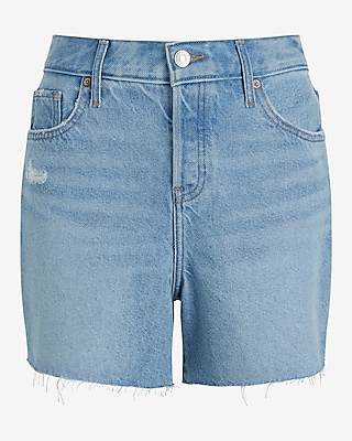 Mid Rise Light Wash Distressed Raw Hem Jean Shorts