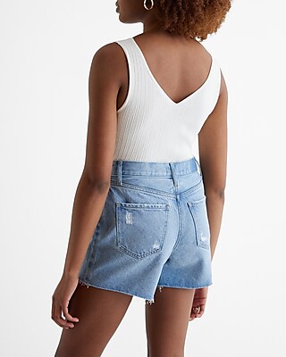 Mid Rise Light Wash Distressed Raw Hem Jean Shorts