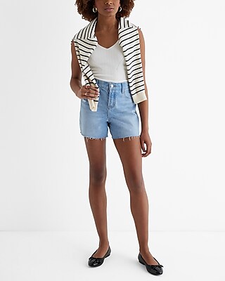 Mid Rise Light Wash Distressed Raw Hem Jean Shorts