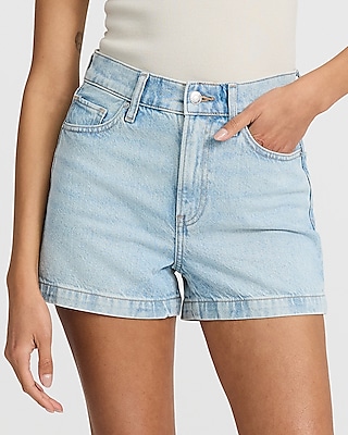 High Waisted Light Wash 50/50 Rigid Stretch Mom Jean Shorts