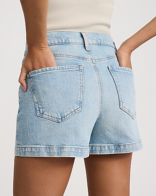 High Waisted Light Wash 50/50 Rigid Stretch Mom Jean Shorts