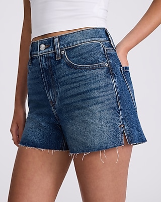 High Waisted Medium Wash 50/50 Rigid Stretch Mom Jean Shorts