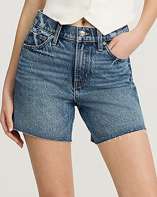 High Waisted Medium Wash 50/50 Rigid Stretch Dad Jean Shorts