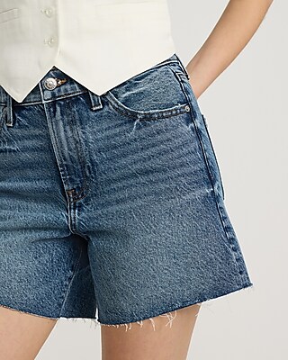 High Waisted Medium Wash 50/50 Rigid Stretch Dad Jean Shorts