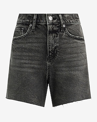 High Waisted Washed Black Raw Hem Dad Jean Shorts