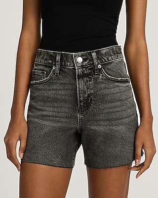 High Waisted Washed Black Raw Hem Dad Jean Shorts