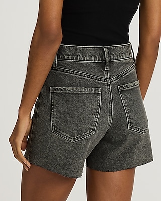 High Waisted Washed Black Raw Hem Dad Jean Shorts