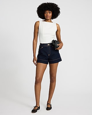 High Waisted Dark Wash Pull On Jean Shorts