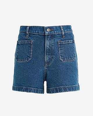 High Waisted Patch Pocket Medium Wash Mom Jean Shorts