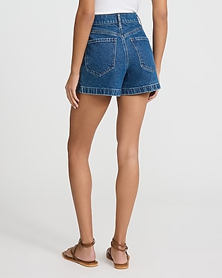 High Waisted Patch Pocket Medium Wash Mom Jean Shorts
