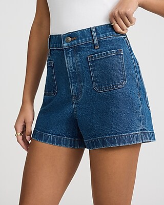 High Waisted Patch Pocket Medium Wash Mom Jean Shorts