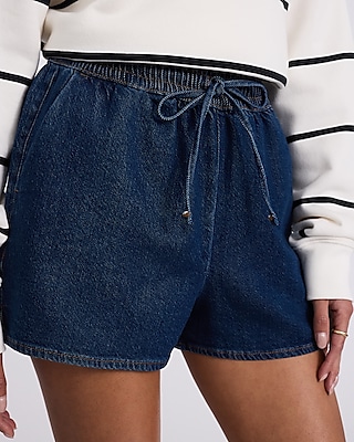 High Waisted Dark Wash Pull On Jean Shorts
