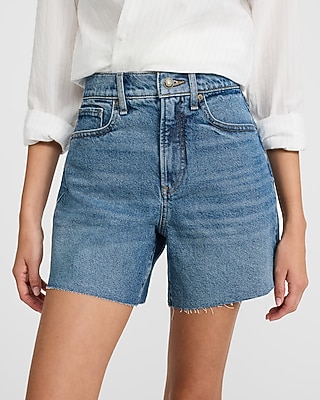 High Waisted Medium Wash A-Line Mom Jean Shorts - image 2