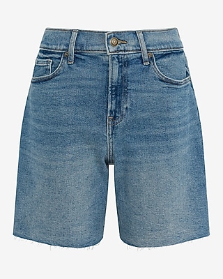 Mid Rise Medium Wash Raw Hem 7" Inseam Loose Jean Shorts