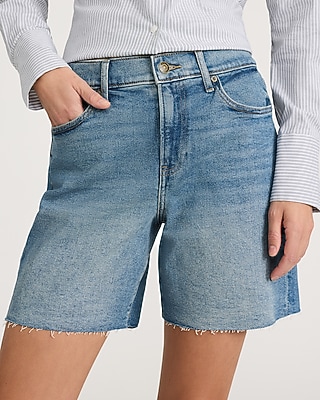 Mid Rise Medium Wash Raw Hem 7" Inseam Loose Jean Shorts