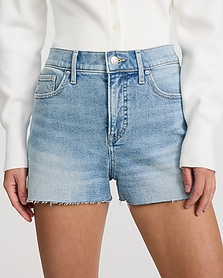 High Waisted Light Wash Raw Hem 2.5" Inseam Vintage Jean Shorts - thumbnail 2