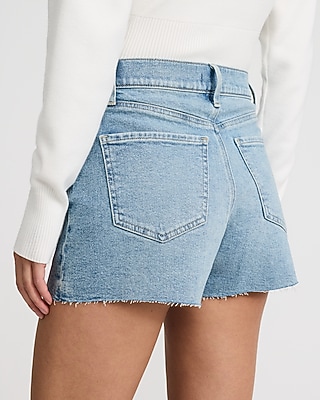 High Waisted Light Wash Raw Hem 2.5" Inseam Vintage Jean Shorts - thumbnail 3