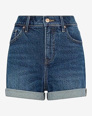High Waisted Dark Wash Rolled Hem 2.5" Inseam Mom Jean Shorts