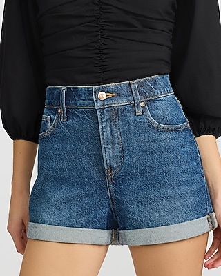 High Waisted Dark Wash Rolled Hem Mom Jean Shorts