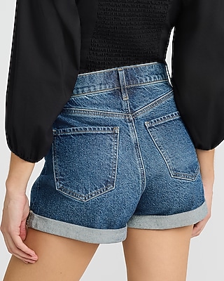 High Waisted Dark Wash Rolled Hem Mom Jean Shorts