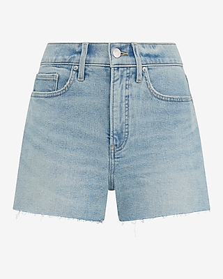 High Waisted Light Wash Raw Hem Mom Jean Shorts