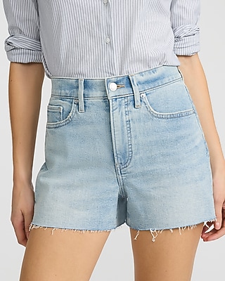 High Waisted Light Wash Raw Hem Mom Jean Shorts