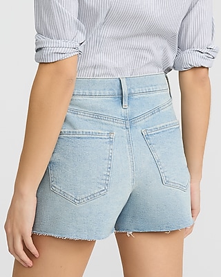 High Waisted Light Wash Raw Hem Mom Jean Shorts