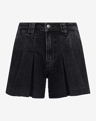 High Waisted Washed Black Pleated Denim Shorts