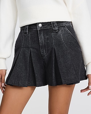 High Waisted Washed Black Pleated Denim Shorts