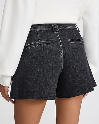 High Waisted Washed Black Pleated Denim Shorts