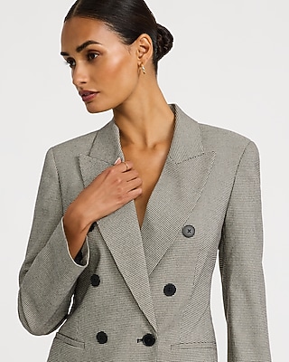 Mini Houndstooth Double Breasted Long Slim Blazer